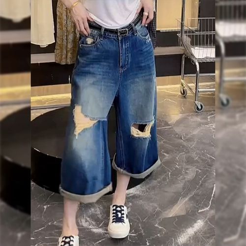 覆古破洞直筒牛仔裤女夏季薄款大尺码梨形身材高腰显瘦八分阔腿裤