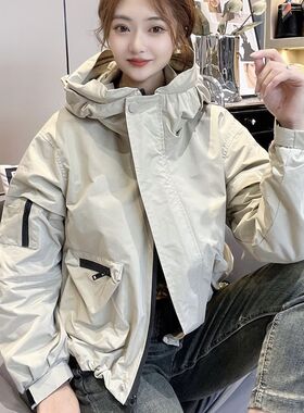 花苞帽夹克2023秋季减龄风衣小个子短款连帽洋派冲锋衣加厚外套女