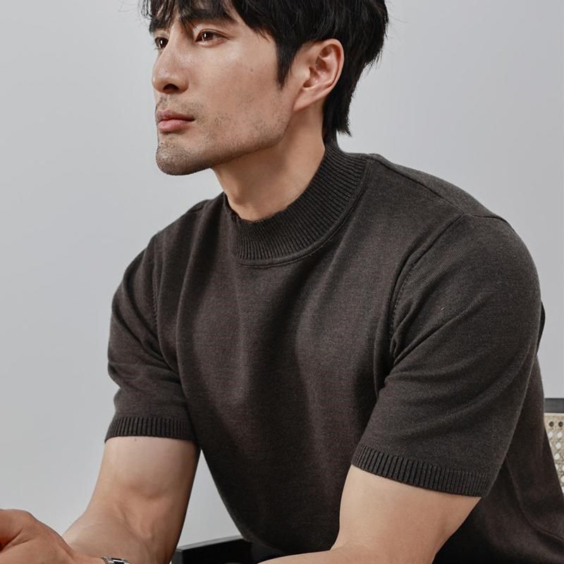 夏季半高领针织打底衫t恤男美式型男短袖毛衣设计感男装潮流新款