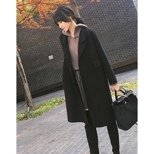 新款 春秋韩版 赫本风气质显瘦毛呢外套 中长款 手工双面羊绒大衣女装
