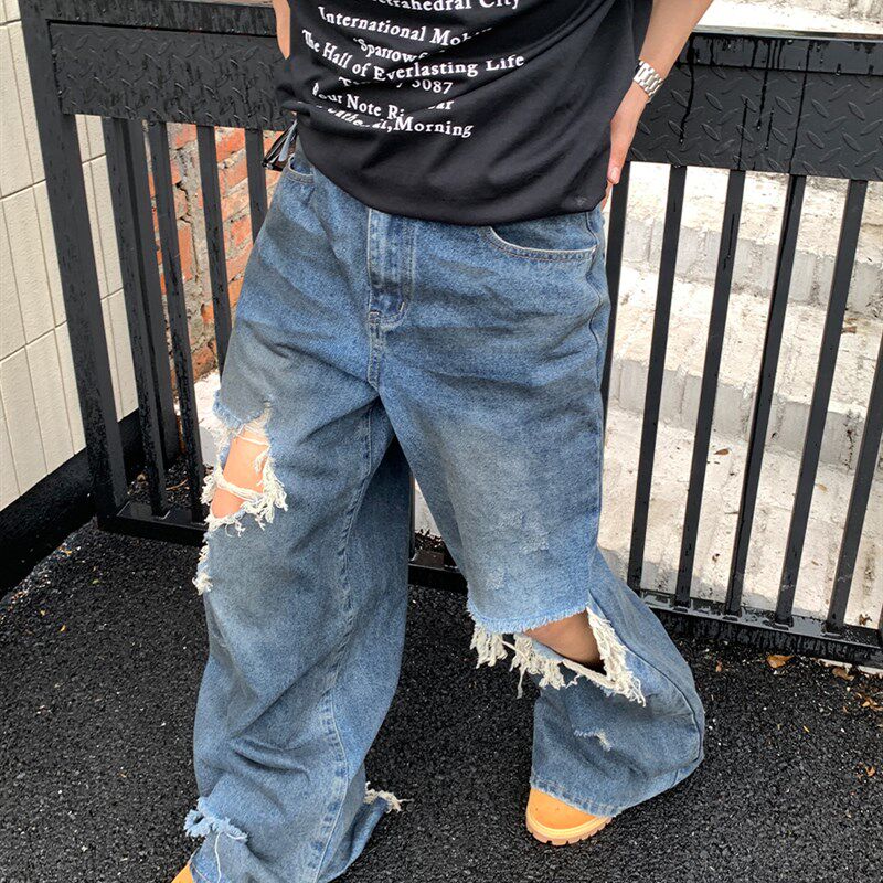 美式复古街头水洗做旧破洞牛仔裤男夏季新款宽松直筒阔腿拖地长裤