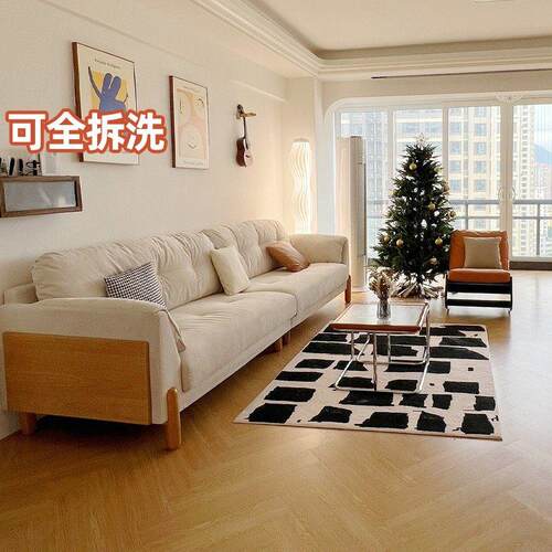 尼尔诗帝日式侘寂原木奶油风格实木直排客厅布艺猫抓布可拆洗沙发