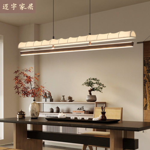 宋代美学餐厅吊灯新中式国风设计师波浪感茶室书房吧台布艺长条灯