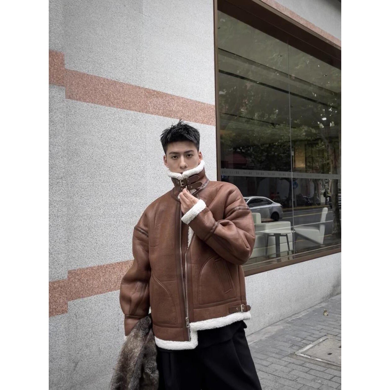 痞帅皮毛一体羊羔毛外套男冬高级感韩系加绒加厚棉服覆古夹克潮牌