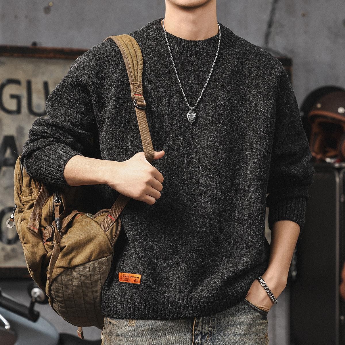 美式复古毛衣男冬季高级感宽松加厚圆领针织衫慵懒风休闲男士外套