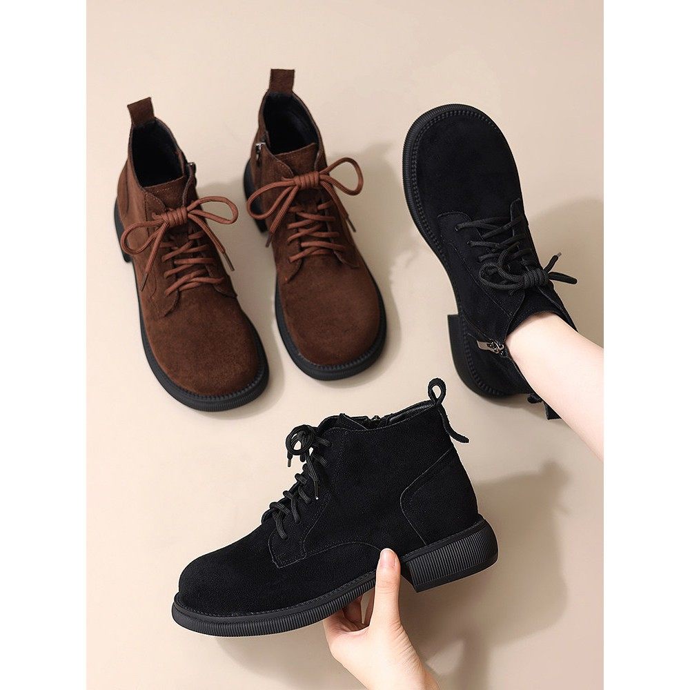 平底翻毛皮马丁靴女款2025新款冬季加绒小皮鞋低帮系带短靴大码42