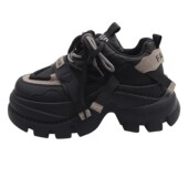 女小个子增高2025超火新款 爆款 秋季 松糕厚底老爹鞋 黑色运动休闲鞋