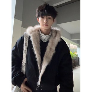 皮毛一体座山雕连帽棉衣男冬季 棉服 痞帅高级感三件套内里毛毛短款