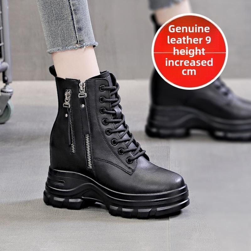 断码清仓秋冬内增高女鞋马丁靴真皮小个子加绒厚底显脚短靴靴子