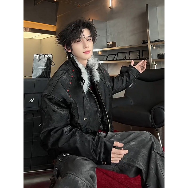 美式黑色座山雕皮衣夹克外套棉服男冬季加绒加厚痞帅男模毛领棉衣