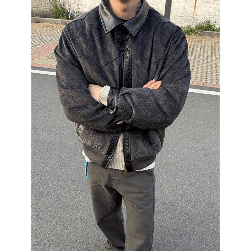 皮毛一体狼纹绒感夹克棉服男款冬季潮牌双面穿座山雕加绒加厚外套