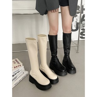 毛毛怪MMG~覆古长筒靴骑行靴秋季新款不过膝百搭简约厚底增高长靴