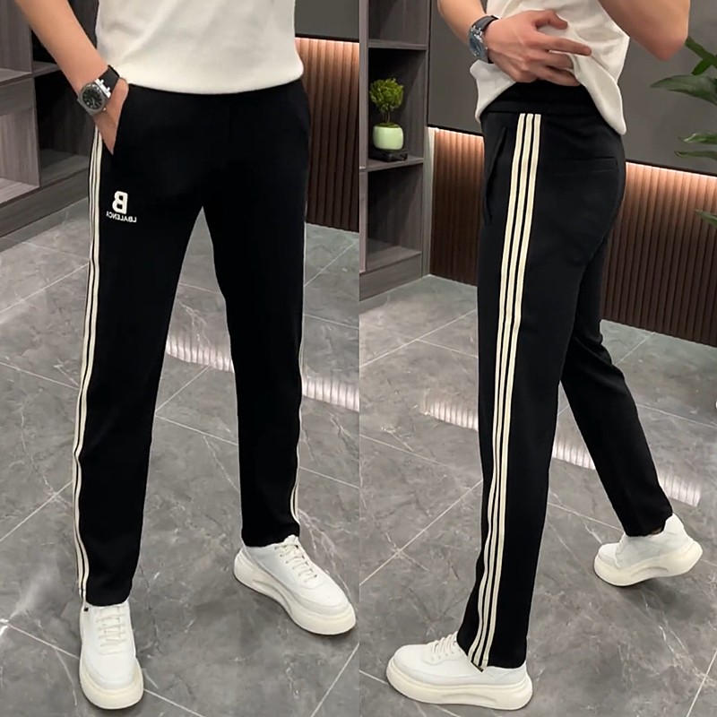 2025春季拼接条纹时尚休闲 裤男士高档简约弹力潮流中年小脚直筒