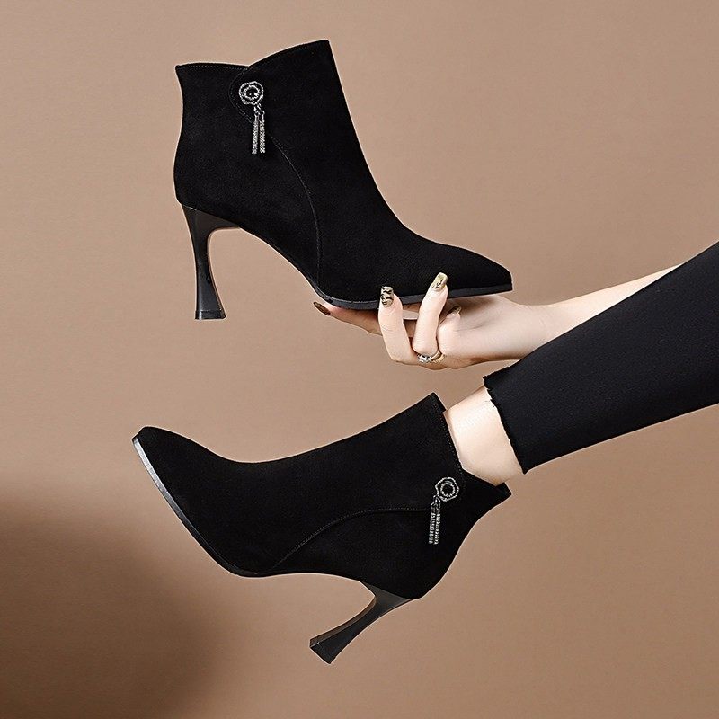 高跟鞋细跟真皮气质磨砂皮小短靴女秋冬季加绒配裙子羊皮及踝靴子,女鞋,时装靴,淘宝优惠券,粉丝福利购,淘宝优惠卷