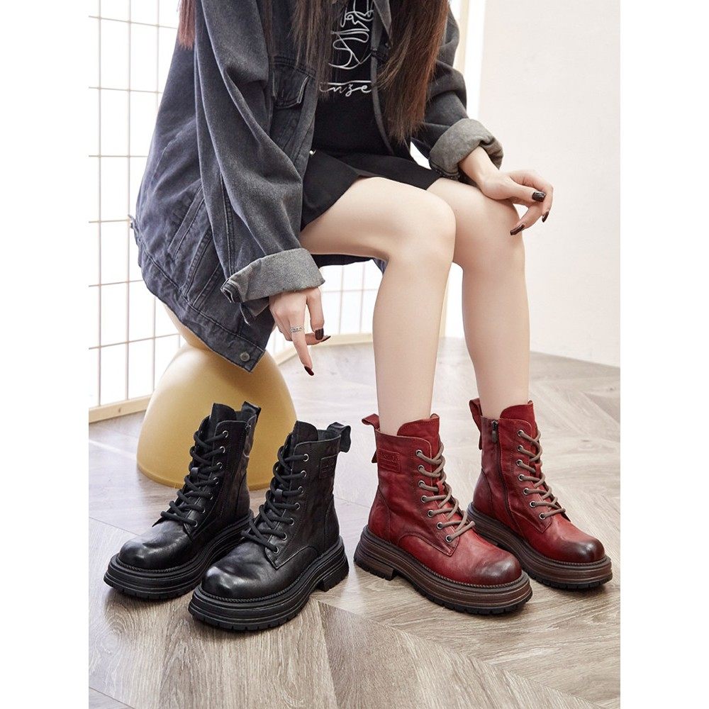真皮马丁靴女款2025新款冬季棉靴厚底做旧机车靴圆头小香风短靴子,女鞋,马丁靴,淘宝优惠券,粉丝福利购,淘宝优惠卷