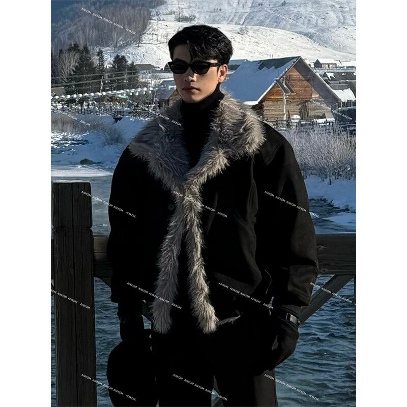 美式覆古麂皮绒座山雕棉服男款冬季高级感皮毛一体加绒厚夹克外套