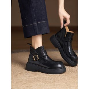 覆古圆头皮带扣马丁靴女2025秋冬款百搭矮靴编织黑色粗跟厚底短靴