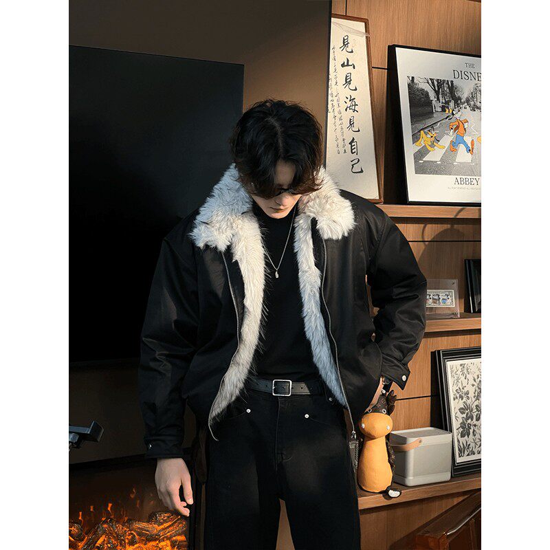 黑色高级感毛毛外套男款冬季加绒保暖棉服座山狼毛领夹克加厚棉衣