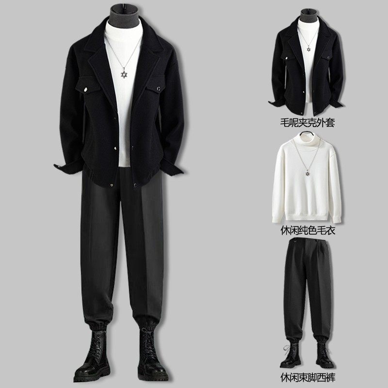 西装领毛呢夹克外套男痞帅潮牌短款加厚休闲宽松高级感呢子大衣冬