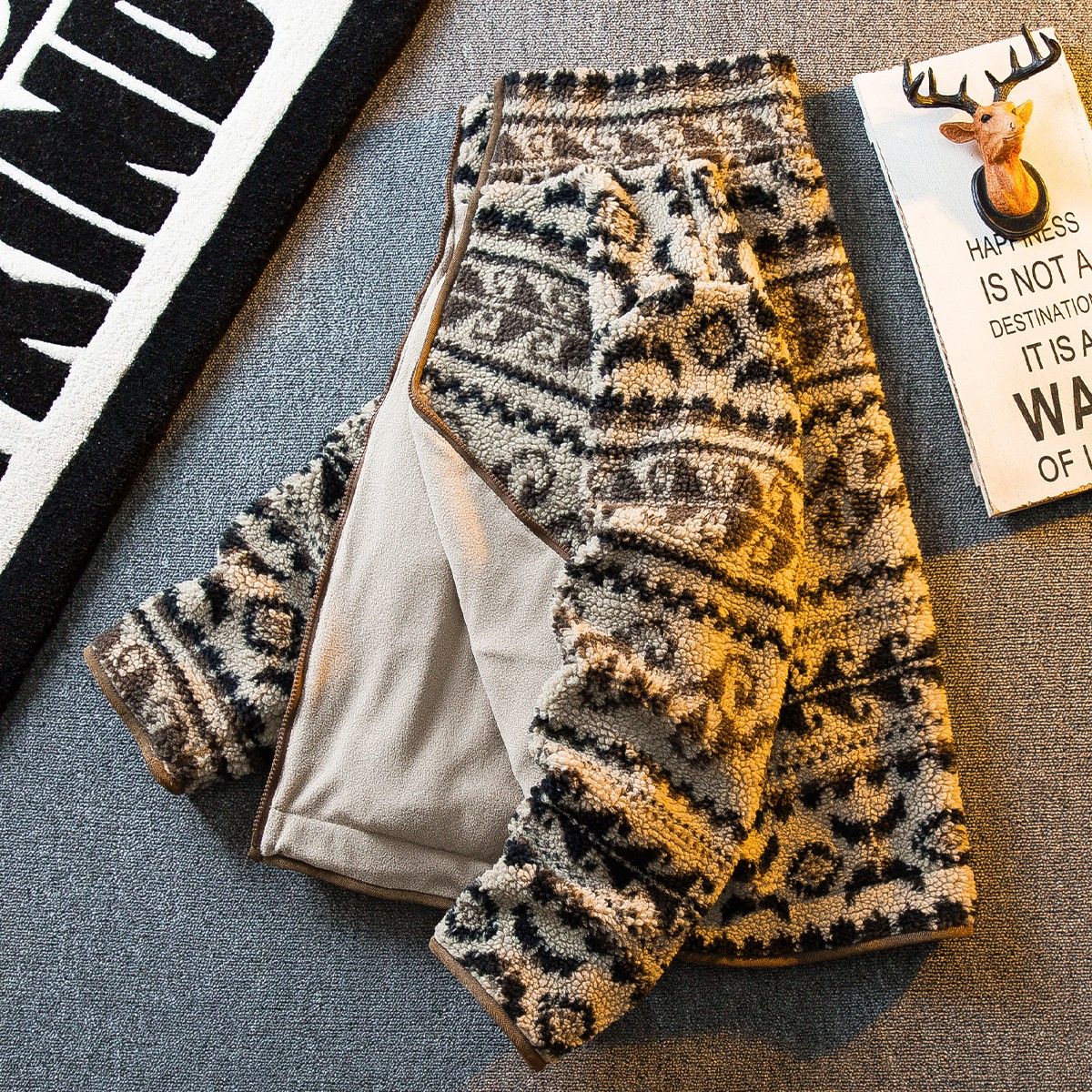 HPCP民族风提花立领摇粒绒外套男秋冬款短款加厚羊羔绒棉衣男冬季