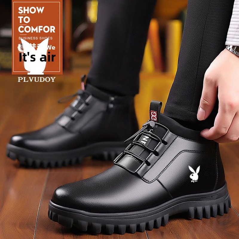 层牛皮棉鞋男士真皮羊毛男鞋羊毛衬里加厚高帮皮鞋防滑皮草集成雪