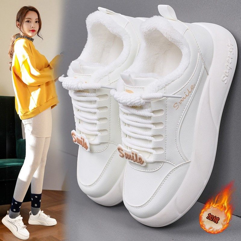 真皮运动棉鞋女冬季大码42厚底大童初中生防滑加绒小白鞋保暖板鞋