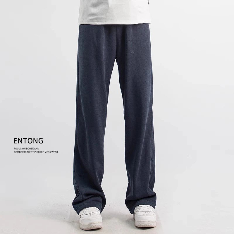 Entong深蓝色休闲直筒裤运动裤男生卫裤美式垂坠感宽松爆款长裤子