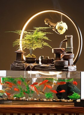 日式玻璃鱼缸造景摆件自循环流水喷泉客厅家居办公室Y装饰开业礼