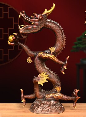 纯铜龙摆件彩绘黄铜五爪龙生肖龙神龙汉龙青N龙特大号单龙戏珠装