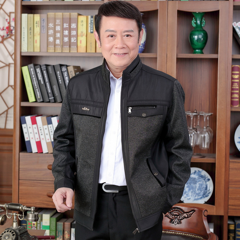 爸爸外套秋冬季中年男装薄款休闲上衣中老年人男士秋装加绒夹克衫