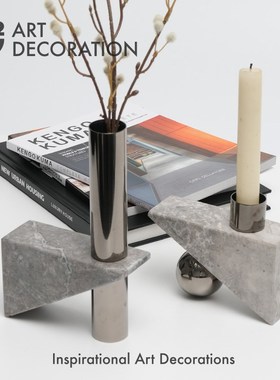 北欧现代极简轻奢大理q石金属花器烛台摆件创意软装配饰摆场道具