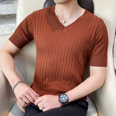 春秋V领短袖针织衫男潮流条纹打底衫套头休闲t恤大码薄款半袖毛衣