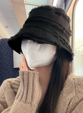 黑色渔夫帽女日系毛边显脸小水桶帽韩版网红大头围盆帽素颜百搭潮