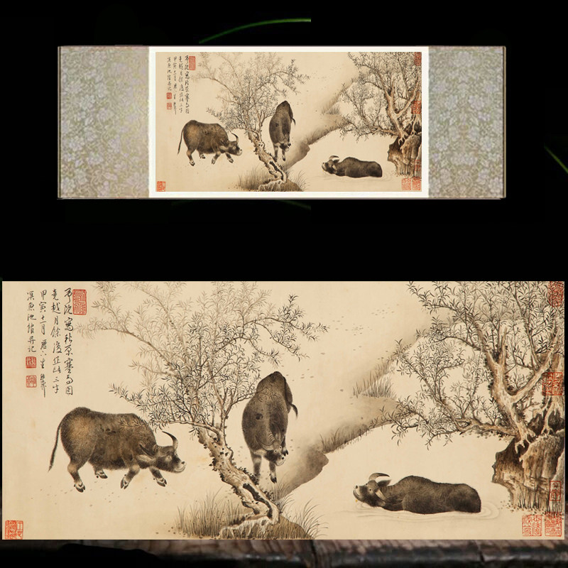 三牛图丝绸卷轴挂画客厅装饰画办公字画励志现代中式壁画沙发绢布