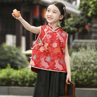 儿童春夏款新中式汉服女童中国风背心红色唐装宝宝马甲抓周礼服