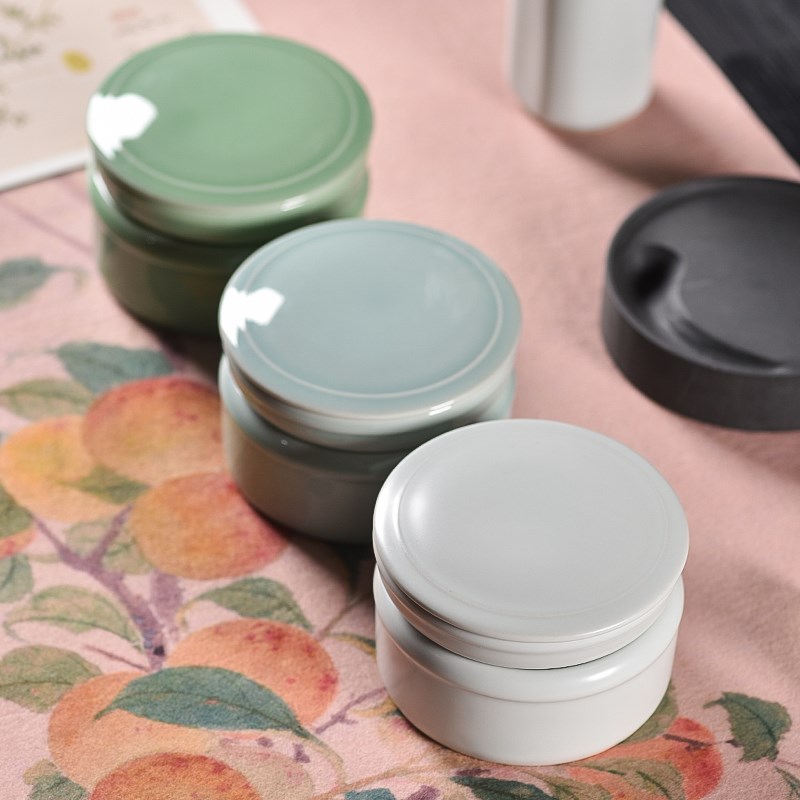 青瓷汝窑砚台书法专用砚台墨碟墨盒弟窑陶瓷带盖双圈火锅砚台创意