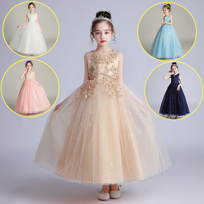 中大儿童长款婚纱礼服女主持人演讲服装女童公主裙蓬蓬网纱演出服