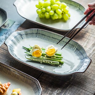 蓝雨鱼盘日式陶瓷盘子家用12英寸双耳鱼盘创意切角鱼盘长方盘菜盘