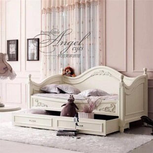 美式复古做旧实木雕花沙发床儿童储物抽I拉床法式公主床可以伸缩