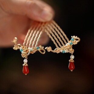 簪花头饰简约日常旗袍盘发古风插梳小号儿童发梳马面裙新中式头饰