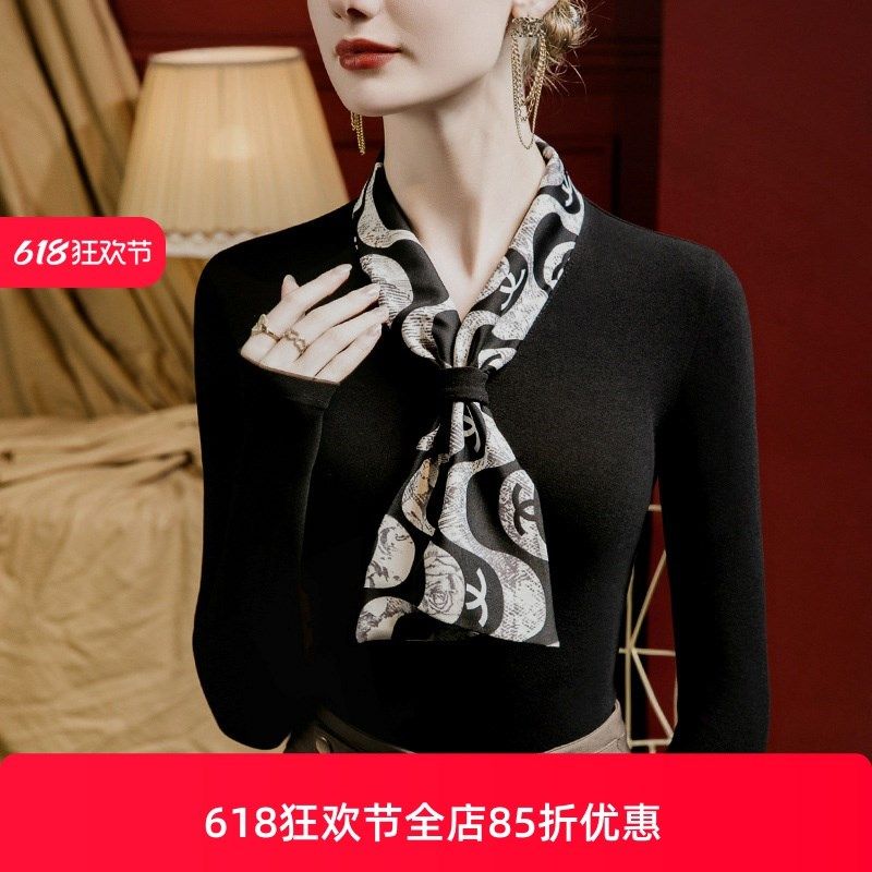 印花围巾领磨毛上衣女修身2025春秋新款设计感小众洋气春季打底衫,女装/女士精品,T恤,淘宝优惠券,粉丝福利购,淘宝优惠卷