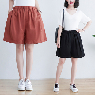夏装 宽松显瘦阔腿短裤 胖mm文艺松紧腰休闲裙裤 女装 大码 棉麻五分裤