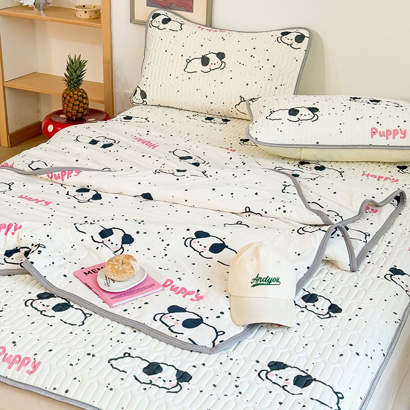 韩系奶油狗狗凉感丝乳胶凉席1.5m1.8三件套1O.2软糯牛奶丝针织夏