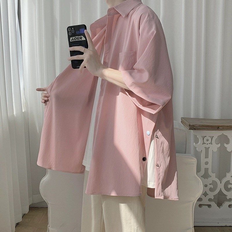 粉色垂感冰丝衬衫男短袖薄款多巴胺穿搭情侣装夏装开叉七分袖衬衣,男装,衬衫,淘宝优惠券,粉丝福利购,淘宝优惠卷