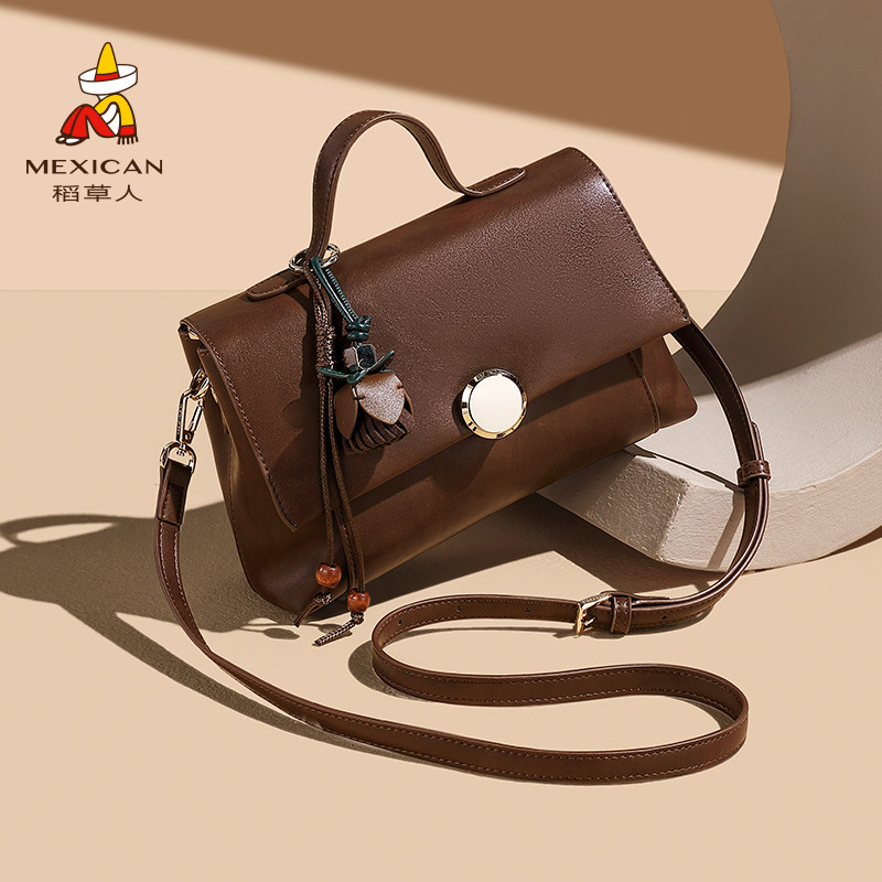 稻草人真皮小方包新款秋冬美拉德包包百搭手提斜挎包通勤轻奢女包