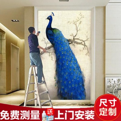 北欧玄关壁纸壁画现代简约背景墙纸孔雀8D墙布壁布走廊过道竖版