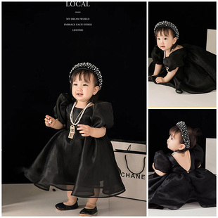 女童黑色礼服裙影楼儿童摄影服装女宝周岁生日拍照宴会服装道具