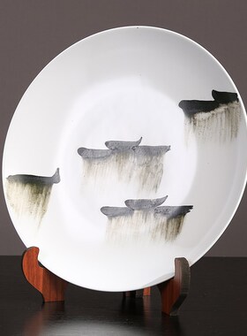 创意新中式水墨画陶瓷盘摆件客厅样板间玄关桌面装饰摆设乔迁送礼