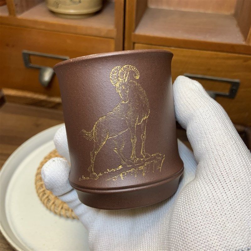 宜兴紫砂杯纯全手工刻绘香杯品茗杯原矿大红袍主人杯功夫茶杯定制