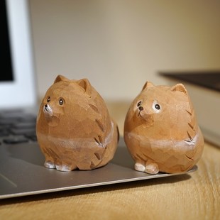 圆滚滚的博美犬手工木雕小摆件卡通可爱动物狗桌面装饰品礼物